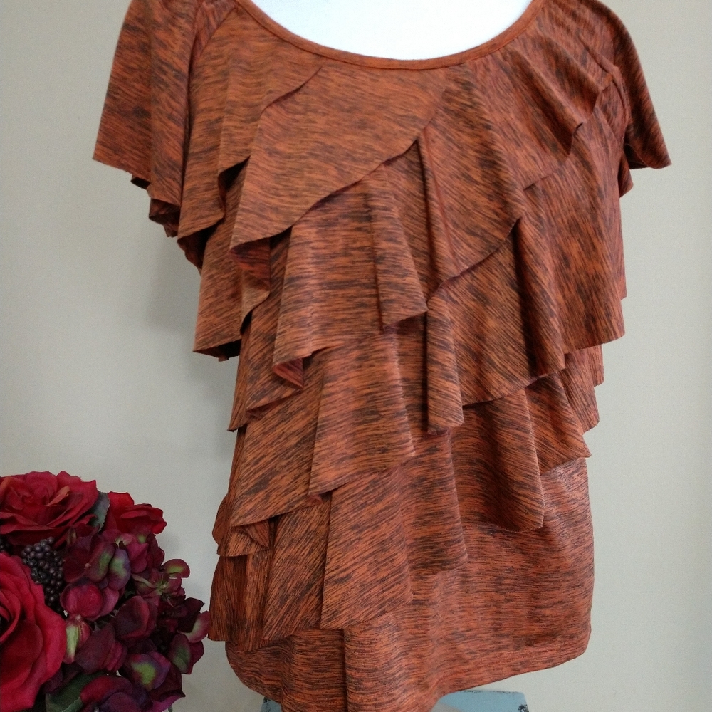AB Studio Slinky Top Tiered Flutter Ruffle Rows Stretch Pullover Sienna Rust Lrg